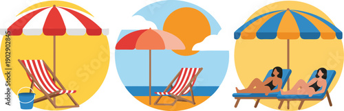 A flat, minimalist illustration of a beach scene divided into three circular panels.
