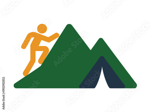 A person climbing a mountain with a tent in the background