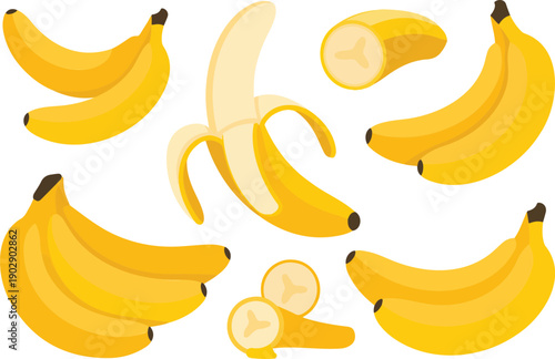 A flat, minimalist illustration of bananas in various poses against a white background.