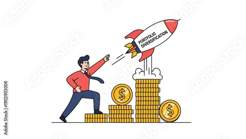 Portfolio Diversification for Financial Growth. Businessman launches rocket from increasing coin stacks, investment strategy concept.
