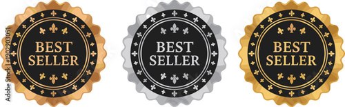 Luxury best seller badge collection in gold and silver styles, premium quality award seals for ecommerce, branding, marketing, product promotion designs