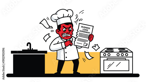 Angry chef tearing business loan agreement, symbolizing financial frustration and stress in restaurant kitchen
