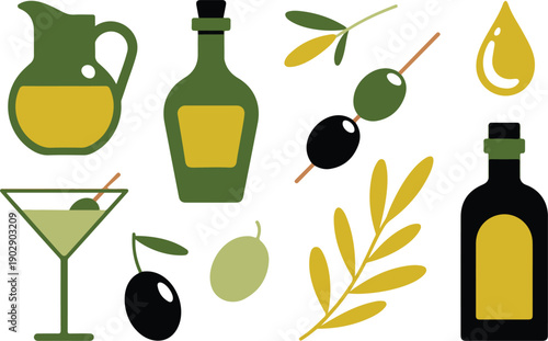 A flat, minimalist illustration of olive oil and olive-related items arranged on a white background.