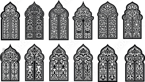 Ornamental gothic window silhouette set featuring intricate arabesque patterns, islamic and moorish arch designs, decorative lattice panels, and architectural tracery art