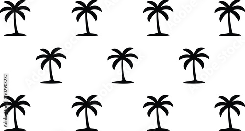 A seamless pattern design of black palm tree silhouettes on a white background.
