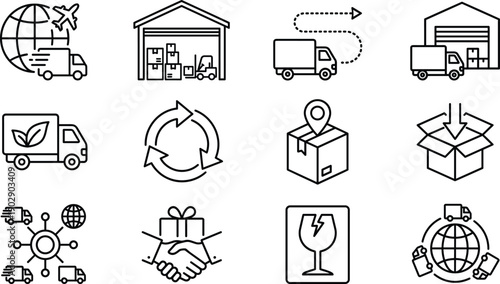 Logistics and delivery line icons set for shipping warehouse transportation supply chain distribution packaging global business illustration