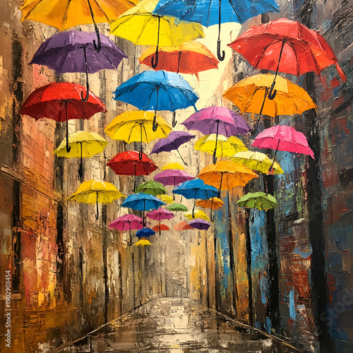 Colorful umbrellas hanging over a rainy street urban art display vibrant city landscape atmospheric view