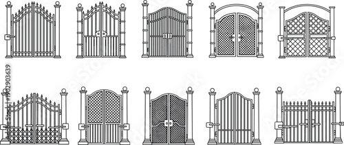 Ornate wrought iron gate collection with classic entrance designs, decorative metal fences and elegant architectural gateways in detailed black line style