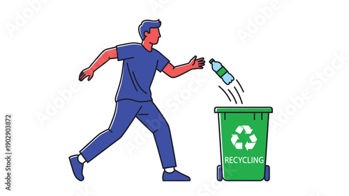 Man recycling plastic bottle into green bin. Environmental protection and waste management concept.