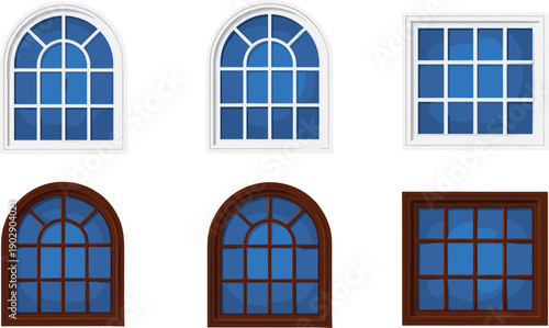 Residential window set illustration featuring arched and square frames, white and wooden styles, blue glass panes, and classic house facade window designs