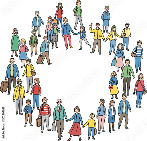 Large diverse group of people standing in circular formation, symbolizing unity, community connection, teamwork, diversity, social cooperation, and inclusive human relationships illustration