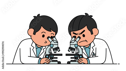 Cartoon scientists with microscopes: curious vs. angry research competition