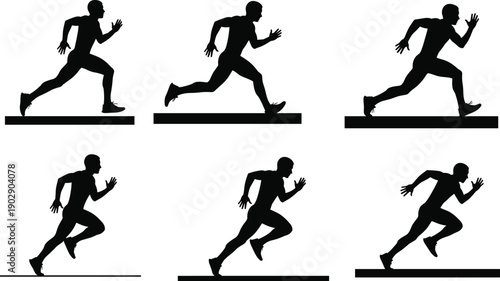 Running athlete silhouette set showing sprint motion stages, black vector illustration of speed, fitness, and sports training poses