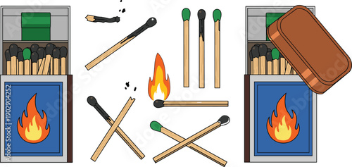 Safety matchsticks and matchbox illustration set showing burning matches ignition process and fire symbols isolated on white background