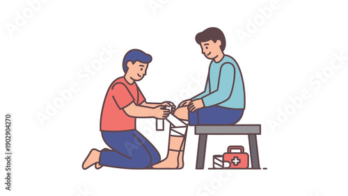 First aid assistance for a leg injury. A person bandages another's ankle with medical supplies and a kit.
