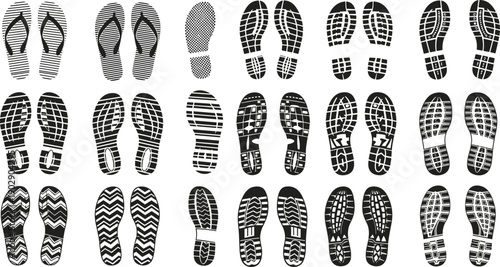 Shoe sole footprint set with various tread patterns in black silhouette, footwear track imprint vector illustration collection
