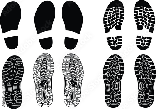 Shoe sole footprint silhouette set illustration showing different footwear tread patterns, walking and running tracks isolated on white