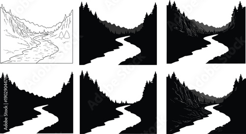Landscape illustration evolution, river valley, forest silhouette, mountain sketch, grayscale art, nature scene, artistic progression, drawing styles, scenic transformation