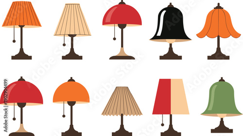 Table lamp icon set with vintage and modern desk lamps, colorful home lighting decor elements isolated on white background vector illustration