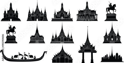 Thai temple and landmark silhouettes collection with traditional architecture, pagodas, monuments, boats and city skyline, black and white vector illustration set
