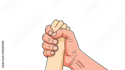 Adult hand holding child's hand illustration, symbolizing support, care, family, protection, and connection