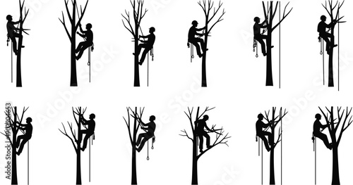 Tree climber silhouette set with arborist workers cutting and pruning branches, rope access and outdoor forestry labor scenes isolated on white background vector illustration