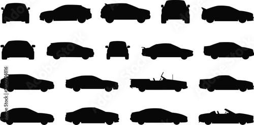 Car silhouettes collection, vehicle outline icons, sedan hatchback convertible SUV shapes, automotive vector illustration, transport design elements, black silhouette artwork