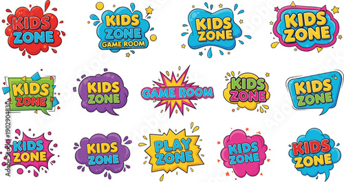 Kids zone logo set, colorful playroom text design, game room label, cartoon style, fun signage, playful branding elements