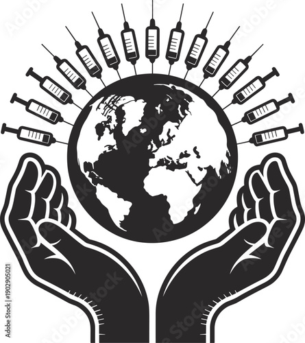 Global vaccination concept, medical syringes, world health illustration, hands holding globe, public health campaign, immunization artwork, pandemic prevention design, healthcare symbolism