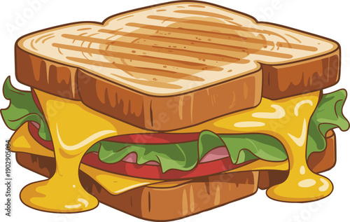 Grilled cheese sandwich illustration with melting cheese, fresh lettuce, and tomato on toasted bread, isolated vector icon for food design