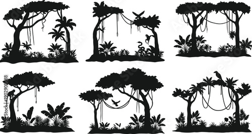 Jungle silhouette illustration, tropical forest animals, monkey hanging, bird flying, snake coiled, dense foliage, nature scene, wildlife ecosystem, vines
