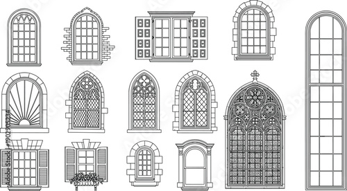 Vintage architectural window collection featuring classic arched frames, gothic and european styles, decorative masonry details, and traditional building window designs