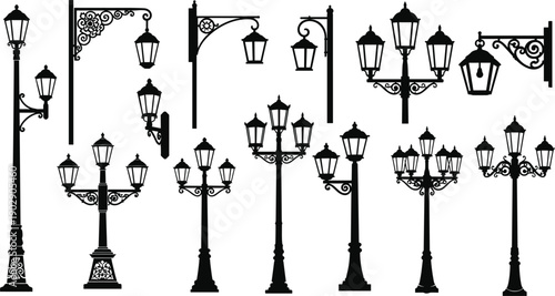 Vintage street lamp silhouette collection with ornate wrought iron designs, classic lantern posts and wall mounted lights, black and white vector set