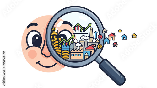 Cartoon character analyzing economic trends, financial growth, industry, and real estate market through a magnifying glass