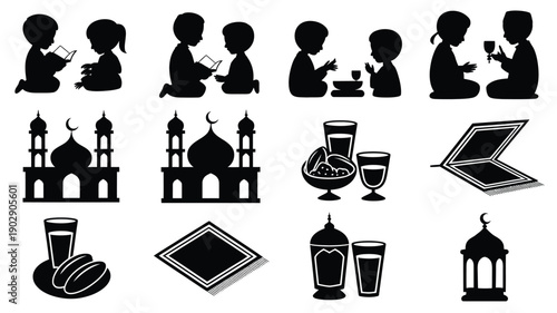 Ramadan kareem silhouette icons set including people praying mosque food lantern and book for holy month of ramadan