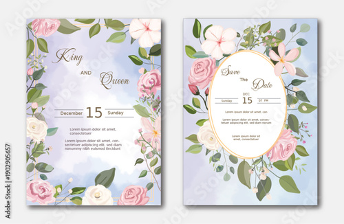 Wedding invitation set with abstract bacground pink flowers and green leave