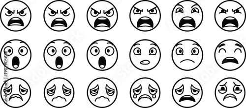 Angry surprised sad emoji faces set, black outline emoticons expressing emotions isolated on white background, cartoon line art icons collection