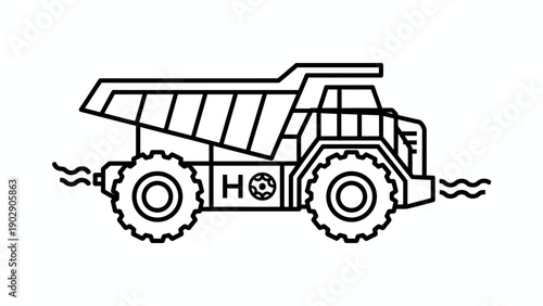 Minimalist black outline illustration of a heavy duty dump truck for construction and mining