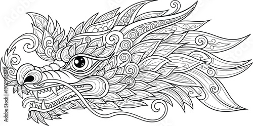 Intricate decorative dragon head illustration with detailed ornamental patterns, mythical creature line art design for coloring pages, tattoo concepts, posters, and artistic projects