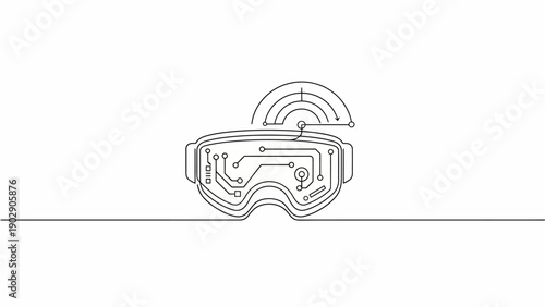 Single line art of VR goggles with internal circuit board and radiating signal, showing future