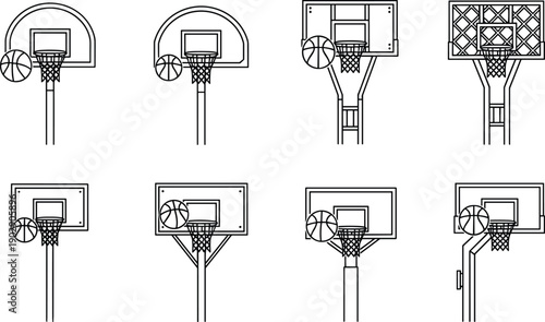 Basketball hoop and backboard icons set, line art sports equipment collection, black and white vector illustration isolated design elements graphic