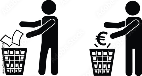 Waste of money concept illustration showing person throwing cash and documents into trash bin as financial loss symbol isolated on whitev