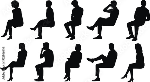 Seated people silhouettes, casual sitting poses, human posture illustration, relaxed body language vector, lifestyle artwork design element, black figure communication clipart