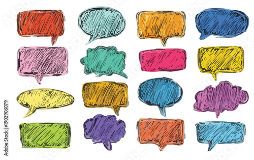 Collection de bulles de dialogue aux couleurs vives et texturées, idéales pour la communication et les idées.