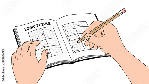 Illustrated Hands Solving Logic Puzzle in Book with Pencil