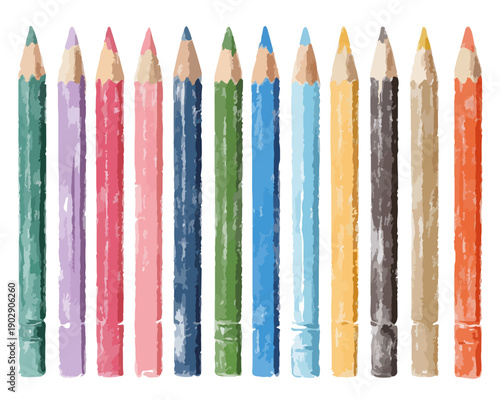 Dix crayons de couleur aux teintes vives alignés sur un fond blanc, prêts à être utilisés pour l'art.