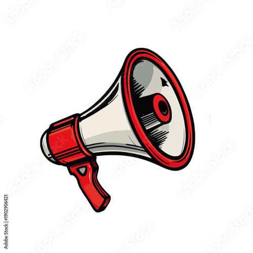 Mégaphone rouge et blanc sur fond transparent, outil de communication et d'annonce.
