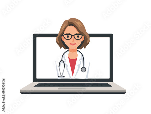 Médecin féminin souriant avec stéthoscope sur l'écran d'ordinateur portable, consultation virtuelle