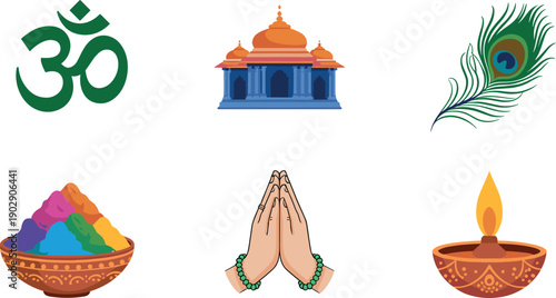 Set of Hindu religious and cultural icons including Om symbol, temple, peacock feather, holi powder, namaste hands, and diya lamp