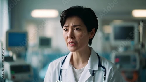a female doctor in a white coat and with a stethoscope talks emotionally in a hospital room against the background of medical equipment and monitors.